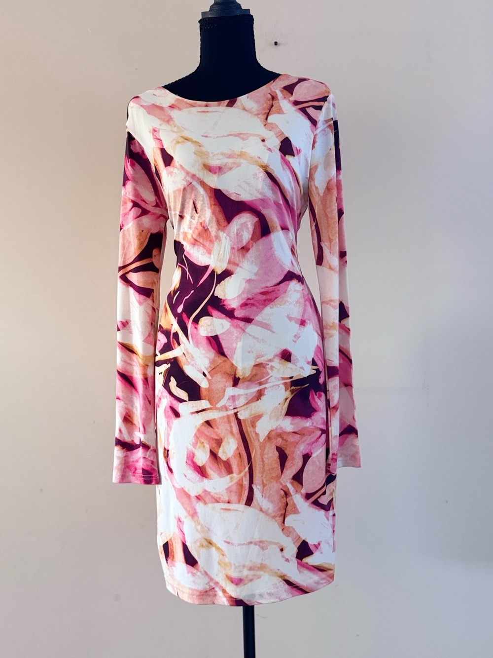 Jennifer Lopez Long Sleeve Abstract Pink & Cream Midi Dress